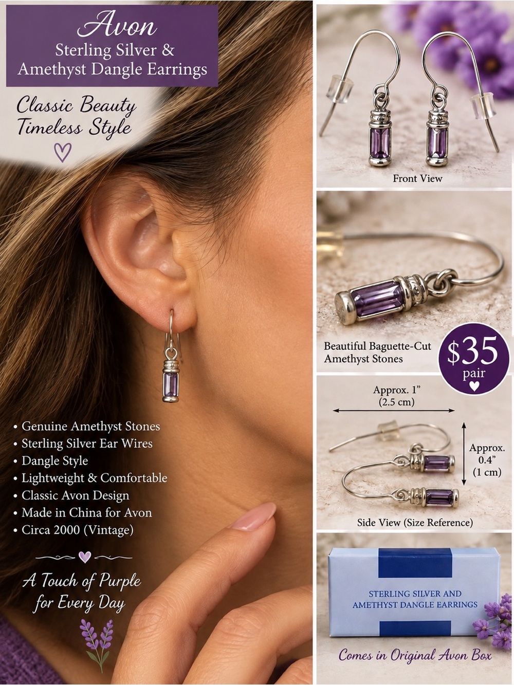 Avon Sterling Silver Amethyst Dangle Earrings-vintage